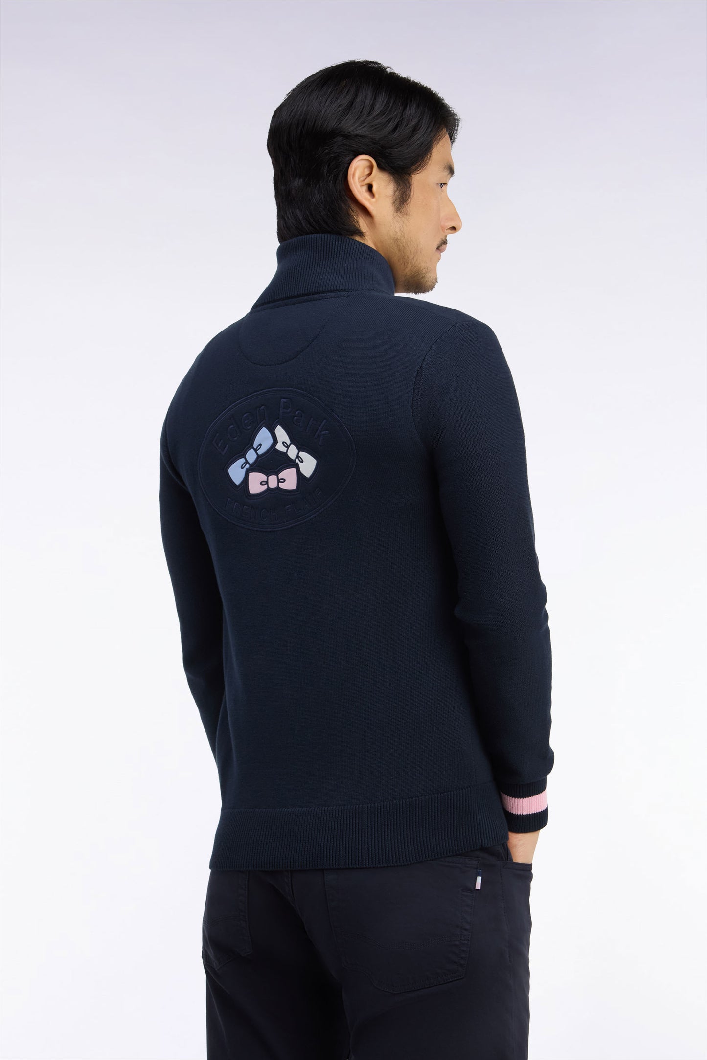 Cardigan zippé en coton marine dos brodé coupe droite