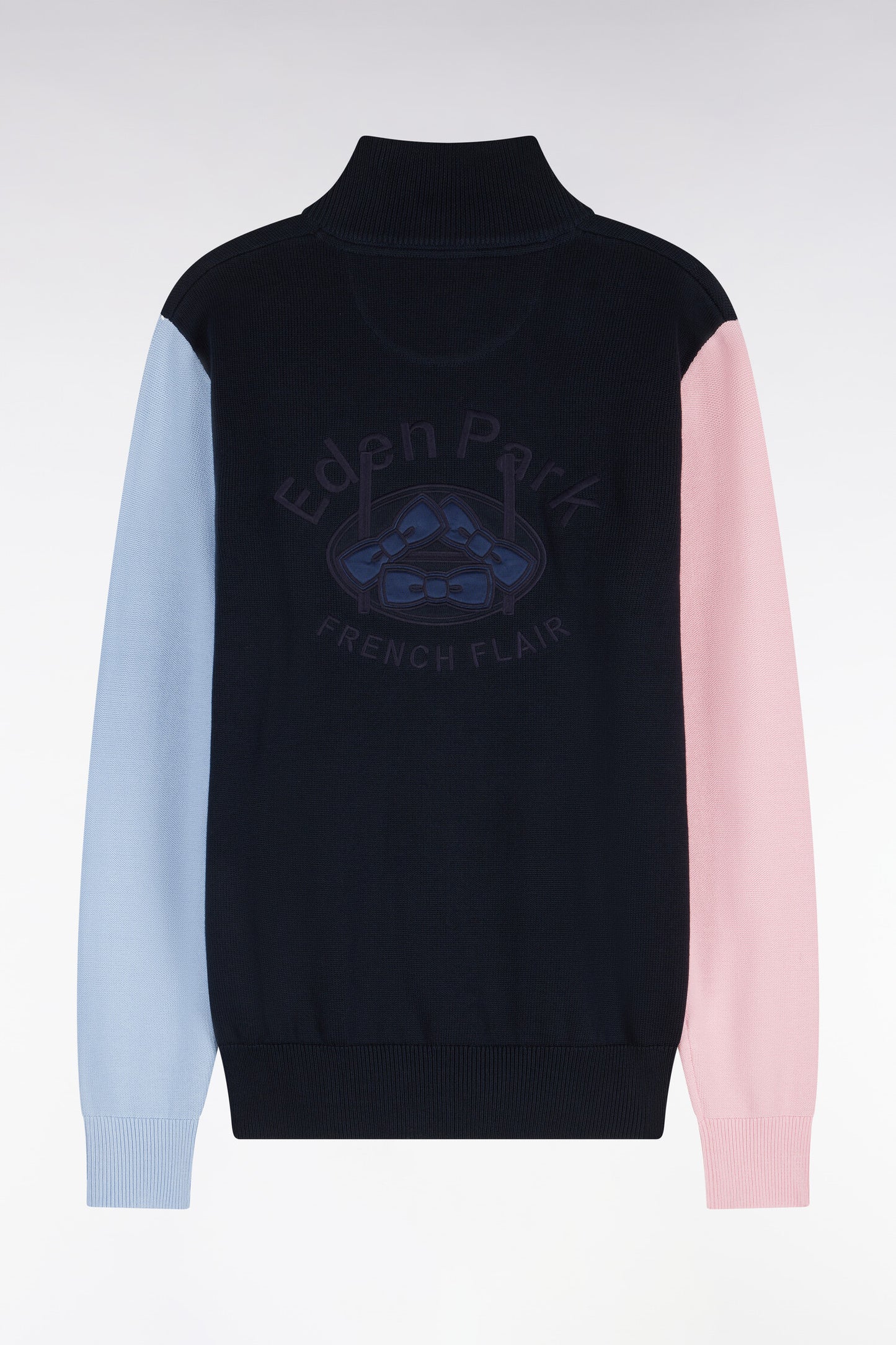 Cardigan zippé tricolore en coton marine dos brodé coupe droite