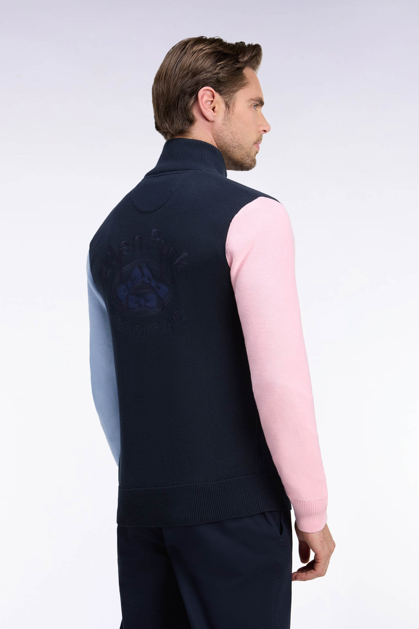 Cardigan zippé tricolore en coton marine dos brodé coupe droite