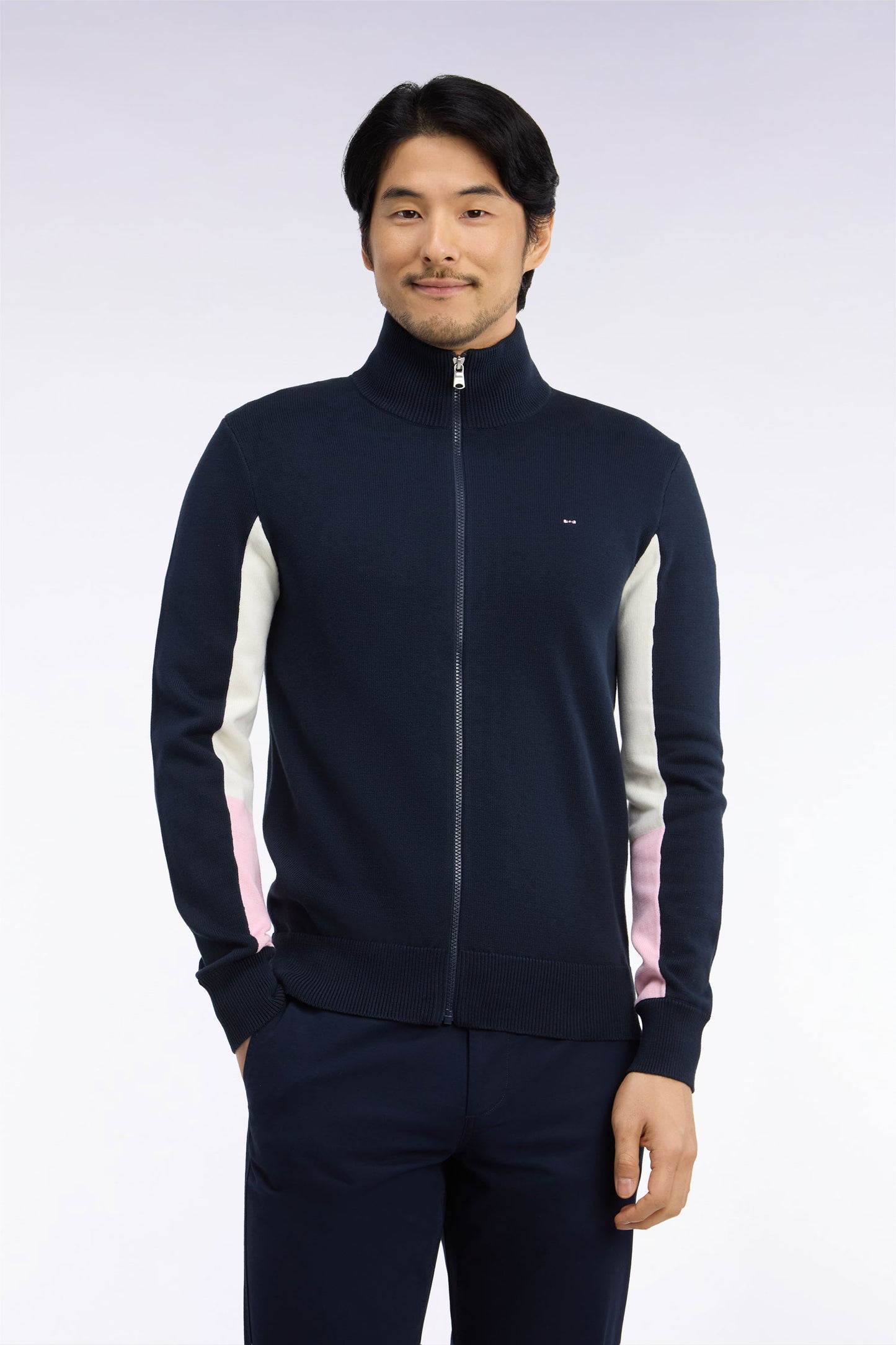 Cardigan zippé en coton marine coupe droite