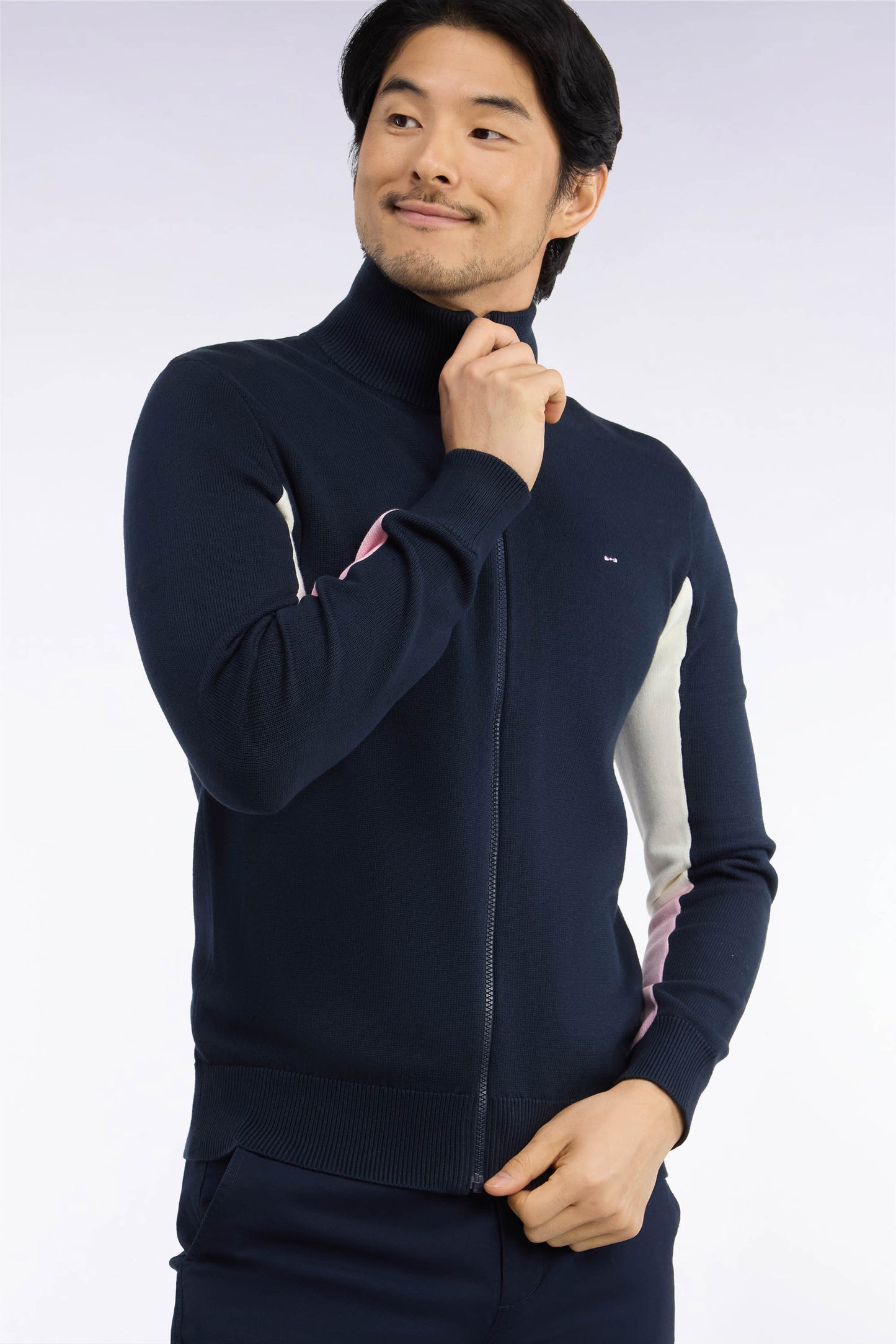 Cardigan zippé en coton marine coupe droite