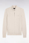 Straight cut zipped cable cardigan in ecru cotton