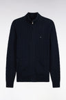 Straight cut navy cotton zipped cable cardigan