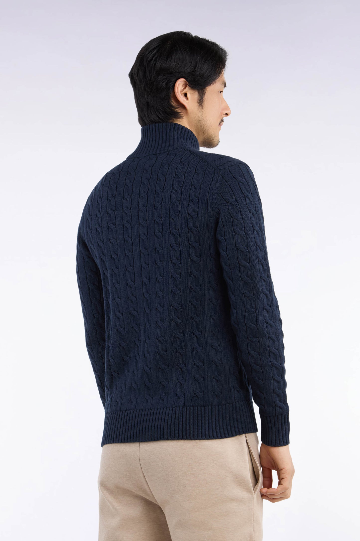 Cardigan à torsades zippé en coton marine coupe droite