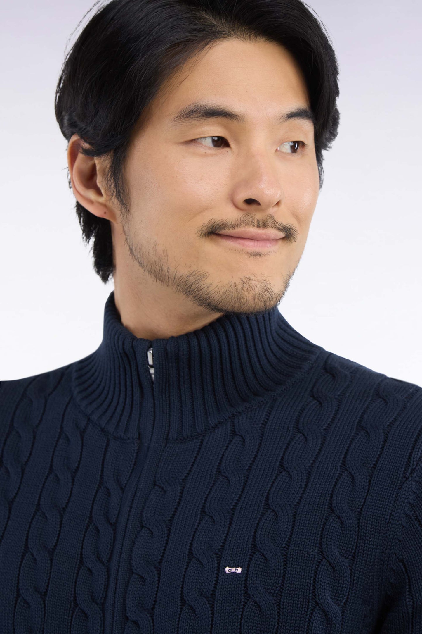 Cardigan à torsades zippé en coton marine coupe droite