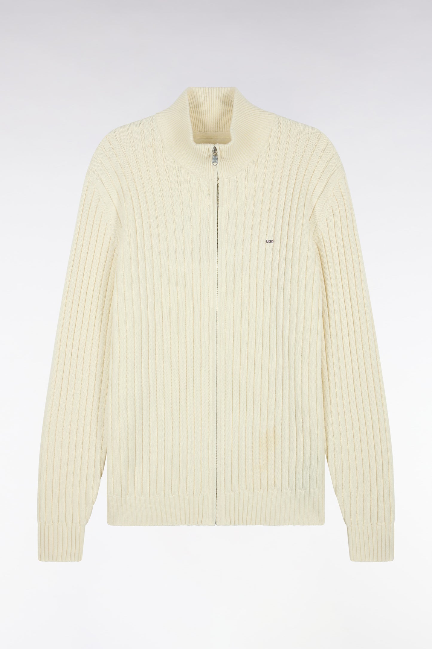 Cardigan zippé à col camionneur en laine et coton écru côtelé coupe droite