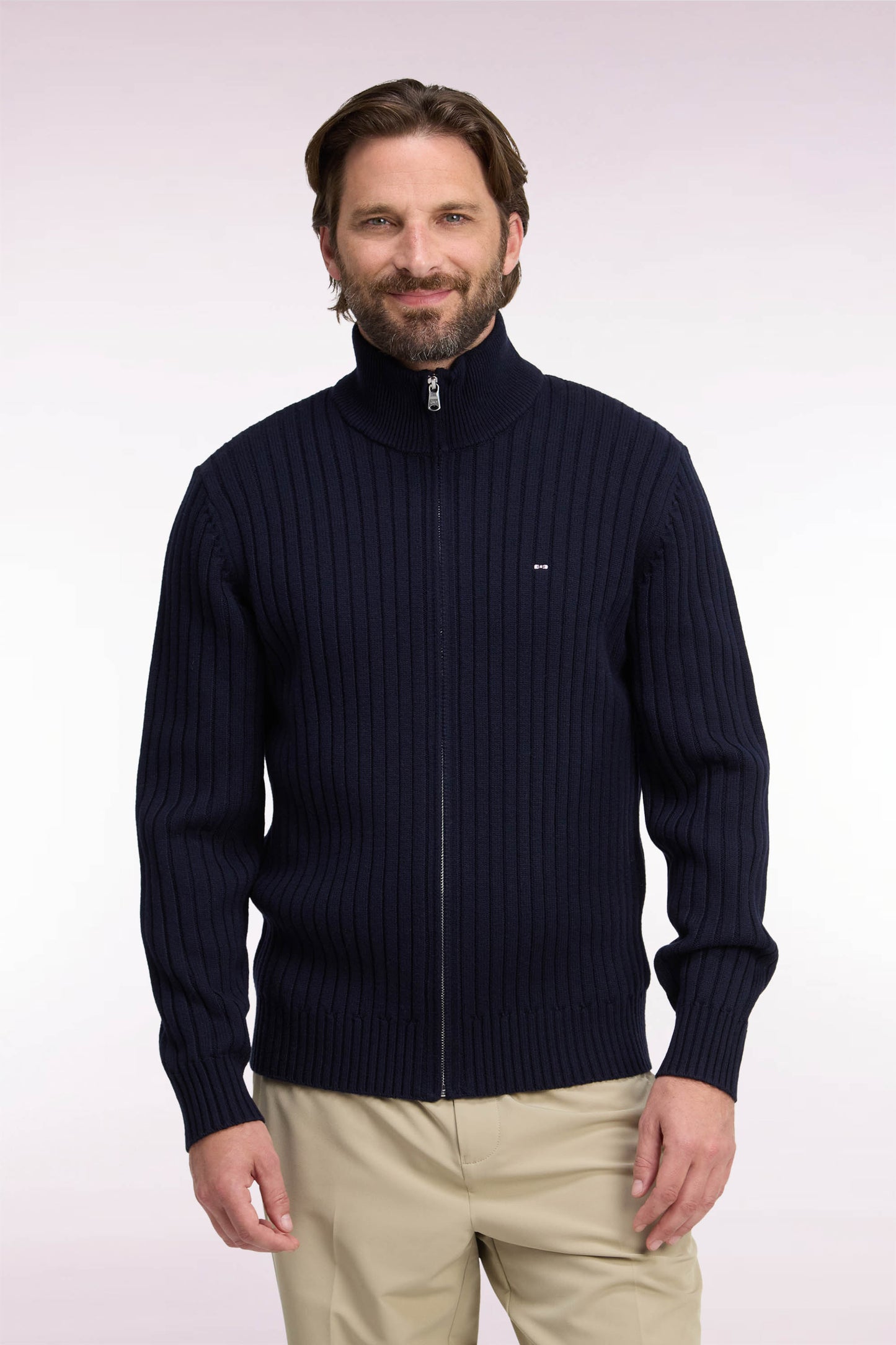 Cardigan zippé à col camionneur en laine et coton marine côtelé coupe droite