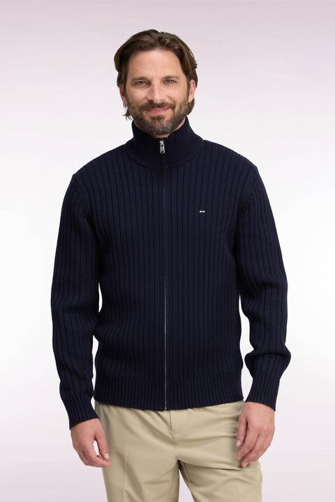 Cardigan zippé à col camionneur en laine et coton marine côtelé coupe droite - Image 3