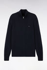 Zip-up cardigan with trucker collar in navy wool and cotton, ribbed, straight cut