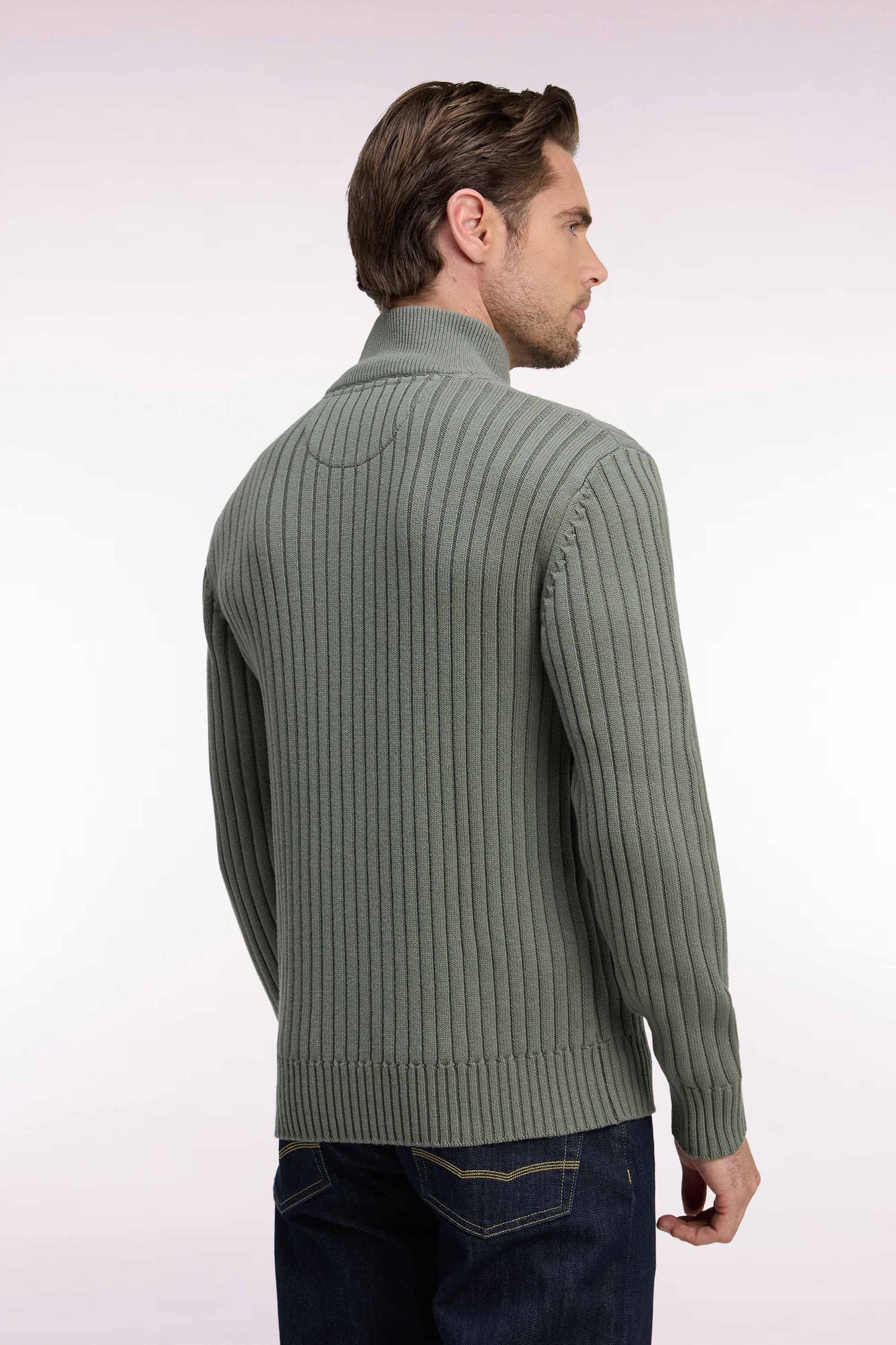 Cardigan zippé à col camionneur en laine et coton kaki côtelé coupe droite