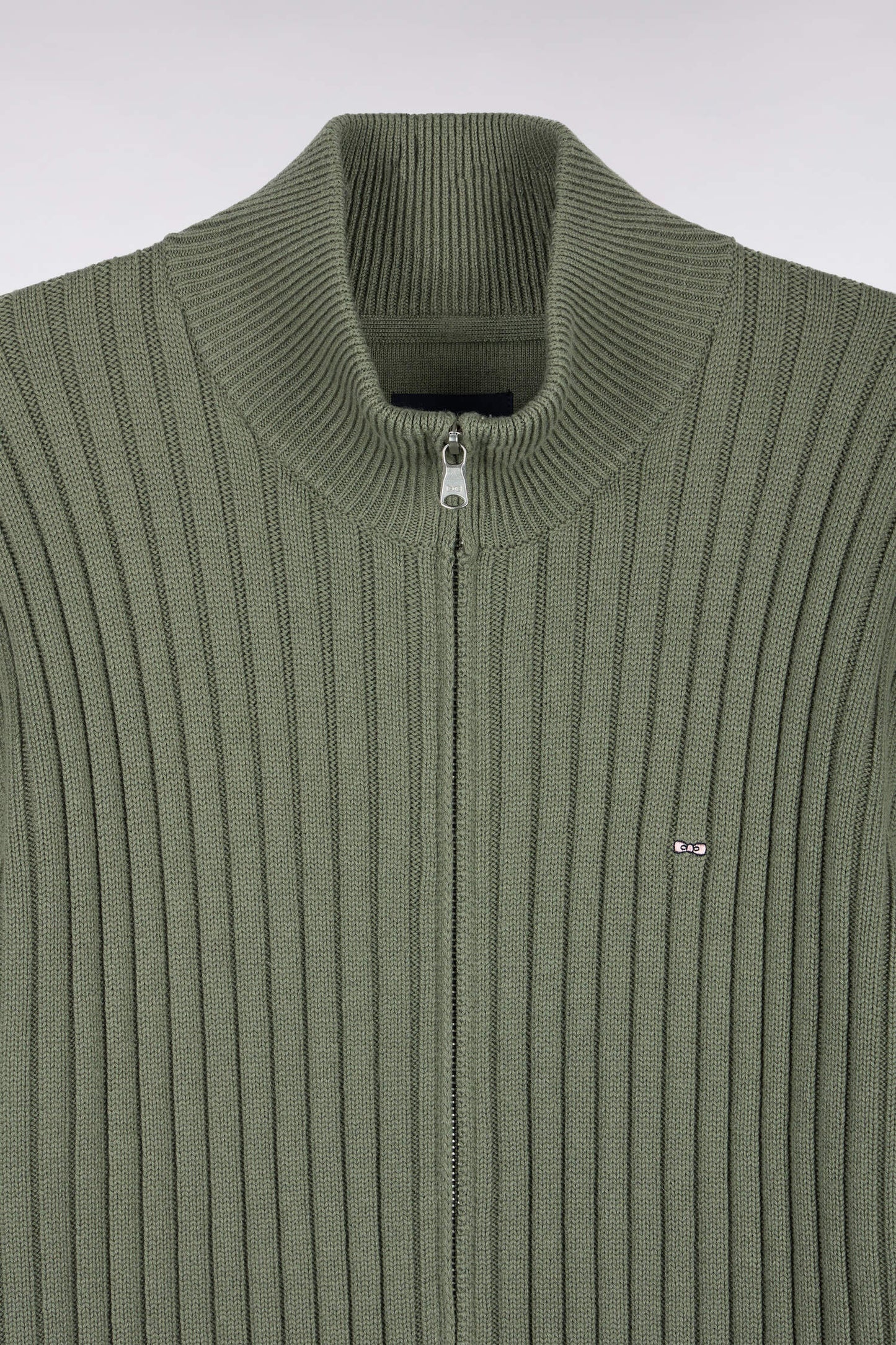 Cardigan zippé à col camionneur en laine et coton kaki côtelé coupe droite