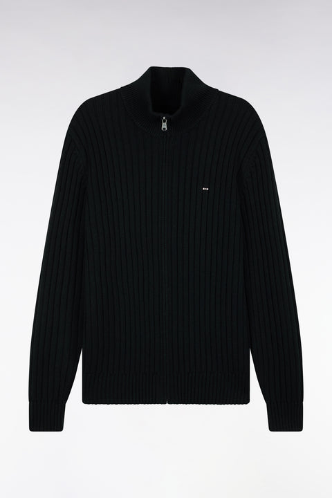 Cardigan zippé à col camionneur en laine et coton noir côtelé coupe droite - Image 2