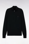 Black wool and cotton ribbed straight-cut zipped cardigan with trucker collar