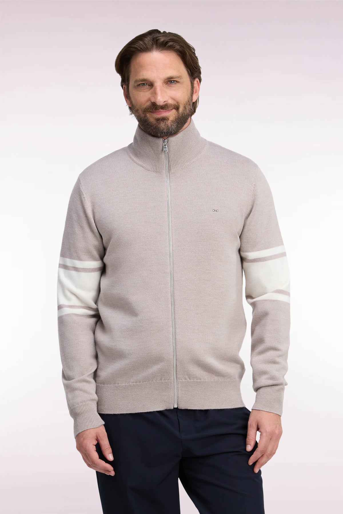 Beige merino wool zipped cardigan with striped sleeves, straight cut