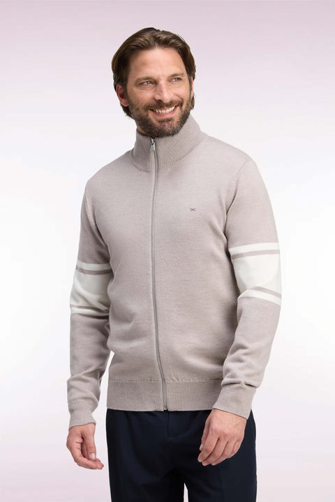 Beige merino wool zipped cardigan with striped sleeves, straight cut - Image 1