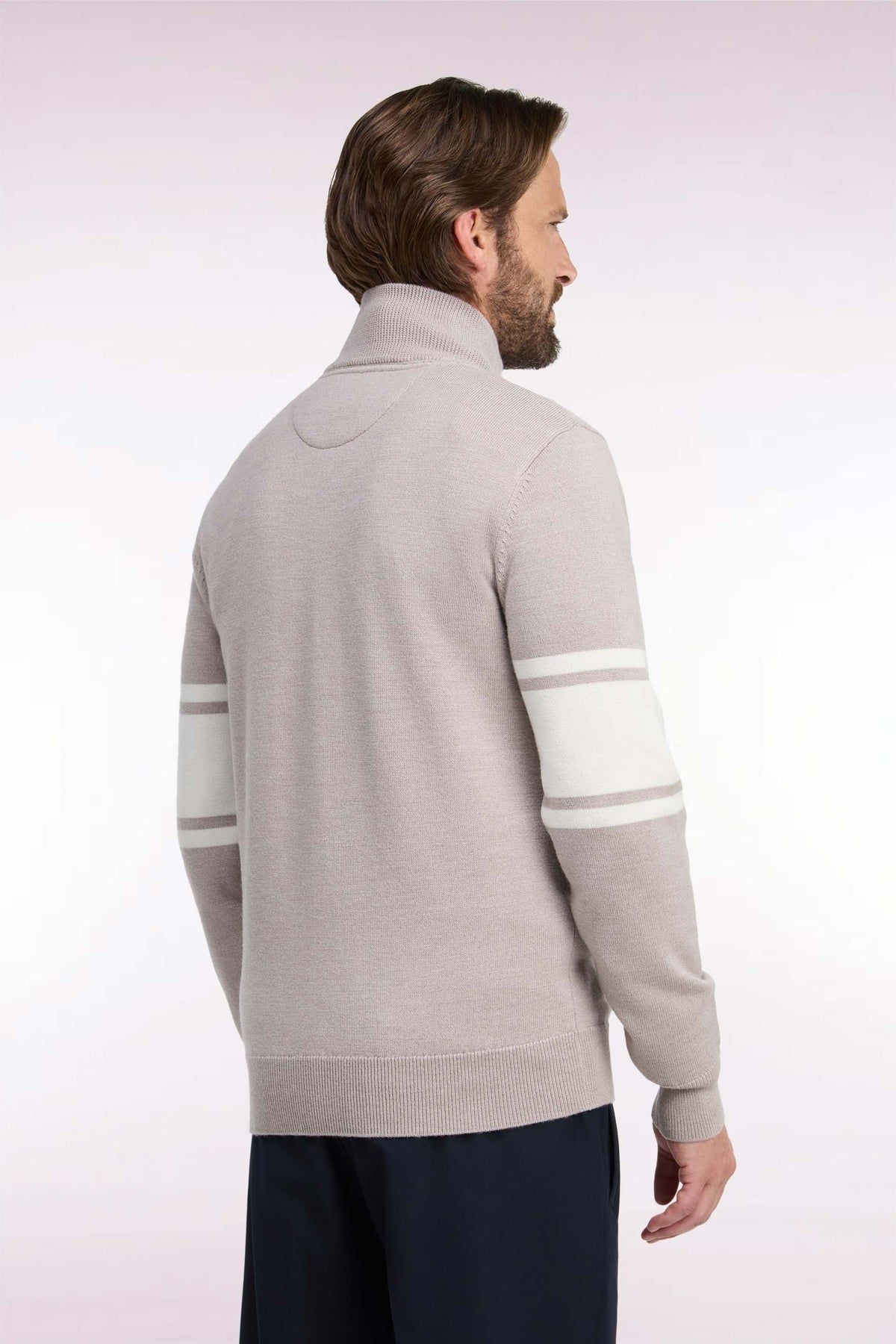 Beige merino wool zipped cardigan with striped sleeves, straight cut