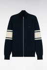 Navy merino wool zipped cardigan with striped sleeves, straight fit