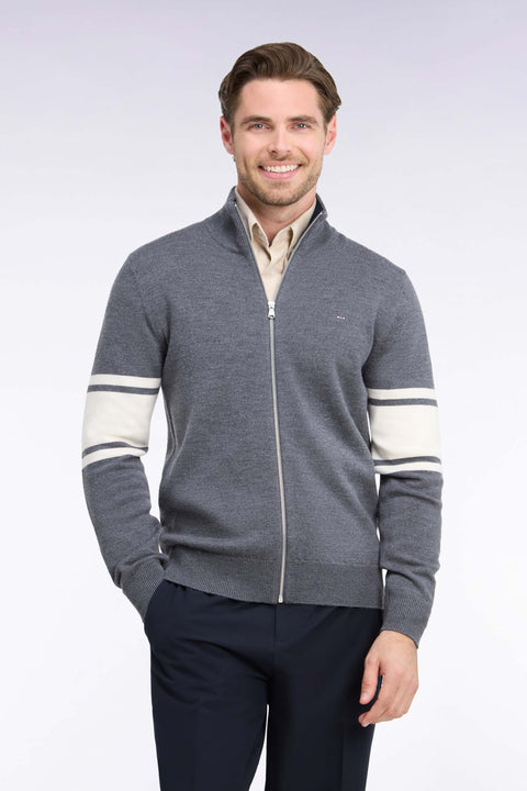Gray merino wool zipped cardigan with striped sleeves, straight fit - Image 3