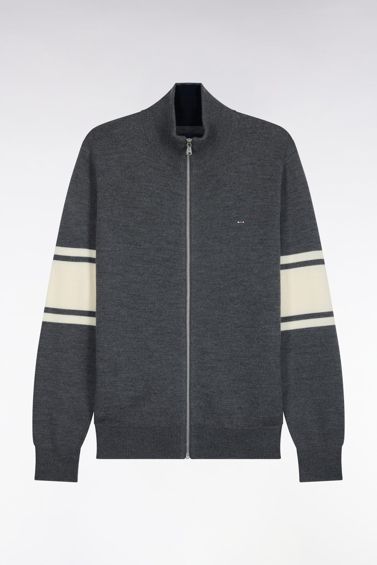 Cardigan zippé en laine mérinos gris à manches rayées coupe droite