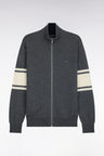 Gray merino wool zipped cardigan with striped sleeves, straight fit