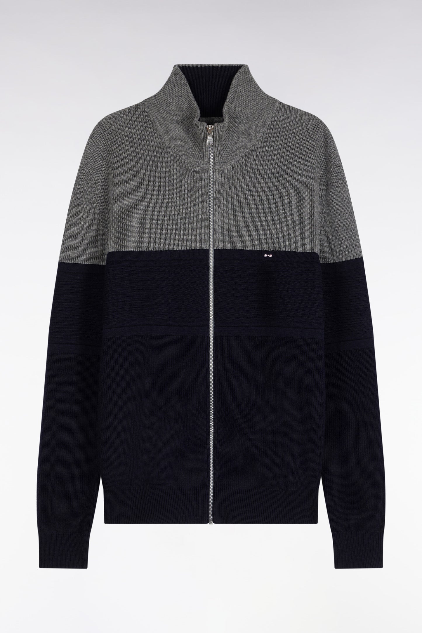 Cardigan zippé bicolore en laine mérinos marine et gris coupe droite