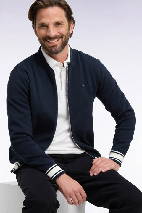 Cardigan teddy zippé en coton milano marine coupe droite - Image 1