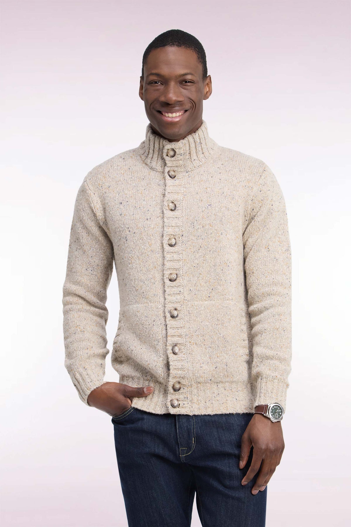 Straight cut buttoned cardigan in thick mottled ecru knit