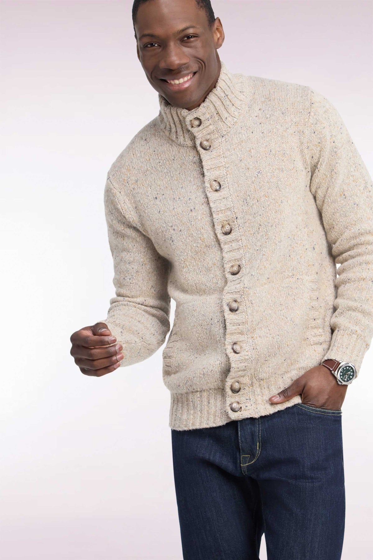 Straight cut buttoned cardigan in thick mottled ecru knit