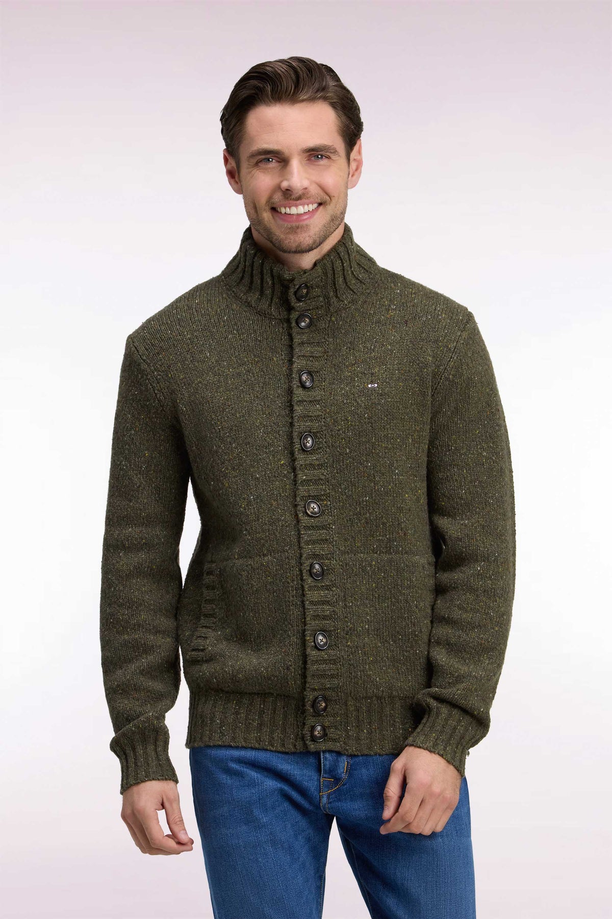 Cardigan boutonné en maille épaisse chinée kaki coupe droite