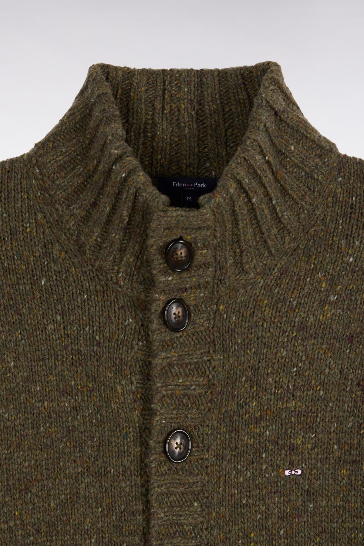 Cardigan boutonné en maille épaisse chinée kaki coupe droite