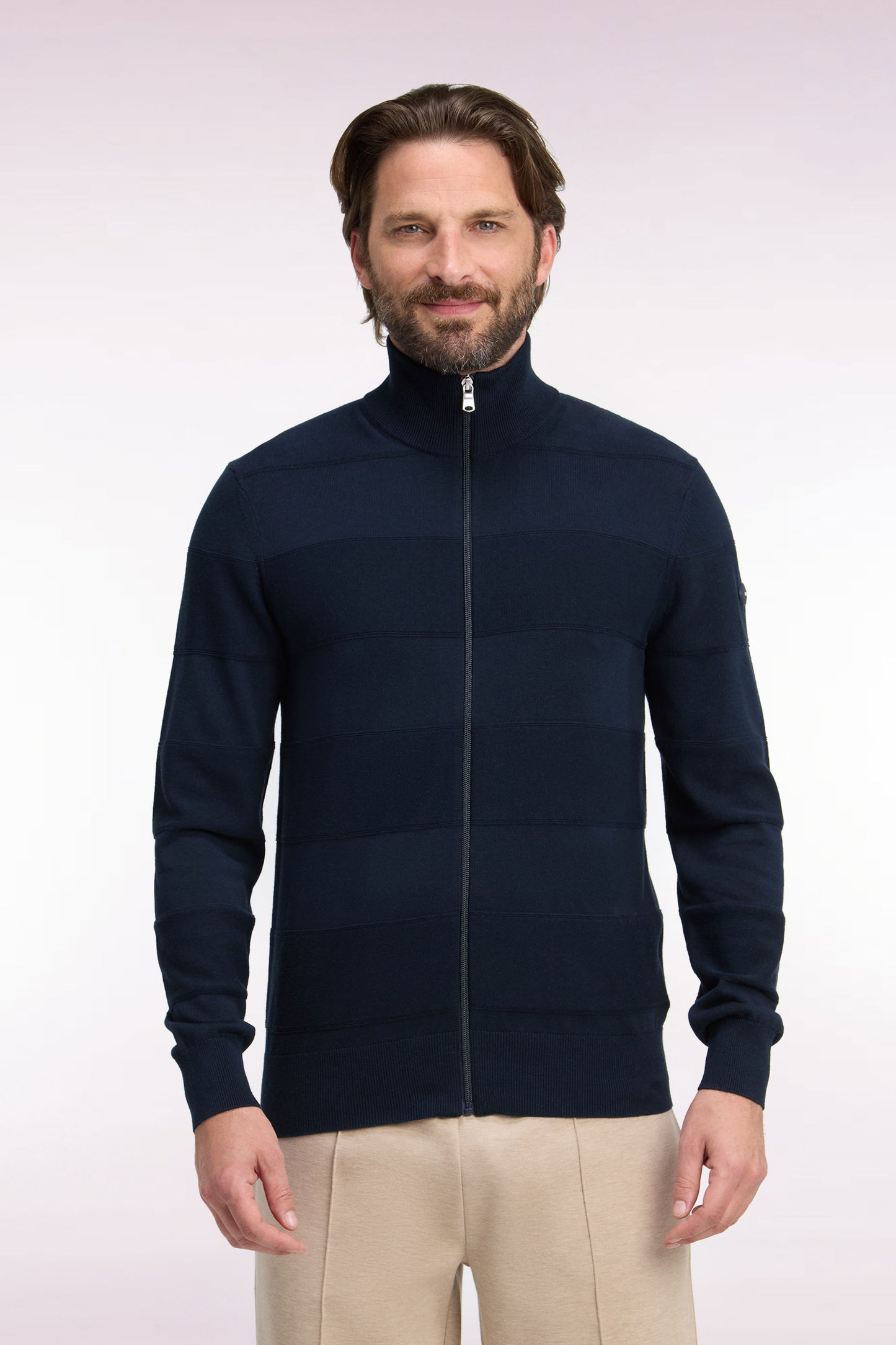 Cardigan golf en coton et viscose marine coupe droite