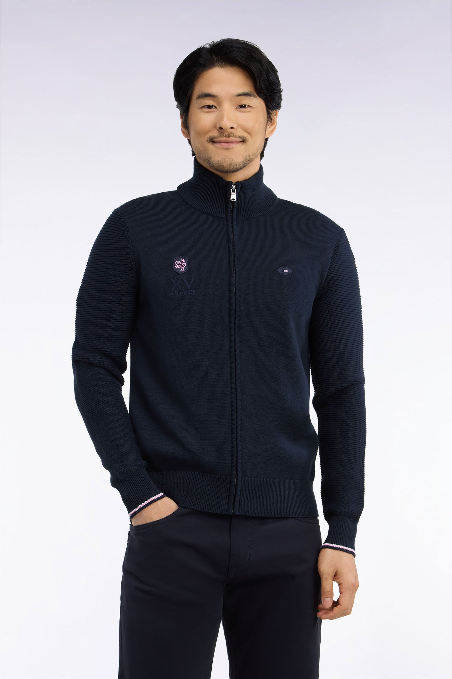 Cardigan XV de France zippé en jersey coton marine brodé coupe droite