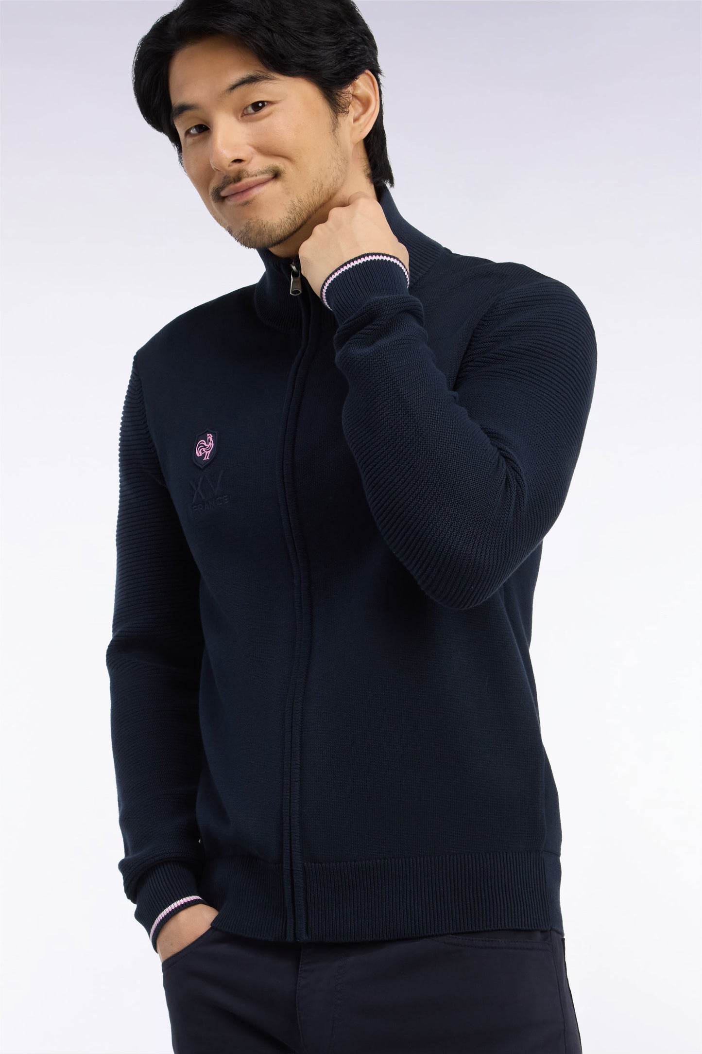 Cardigan XV de France zippé en jersey coton marine brodé coupe droite