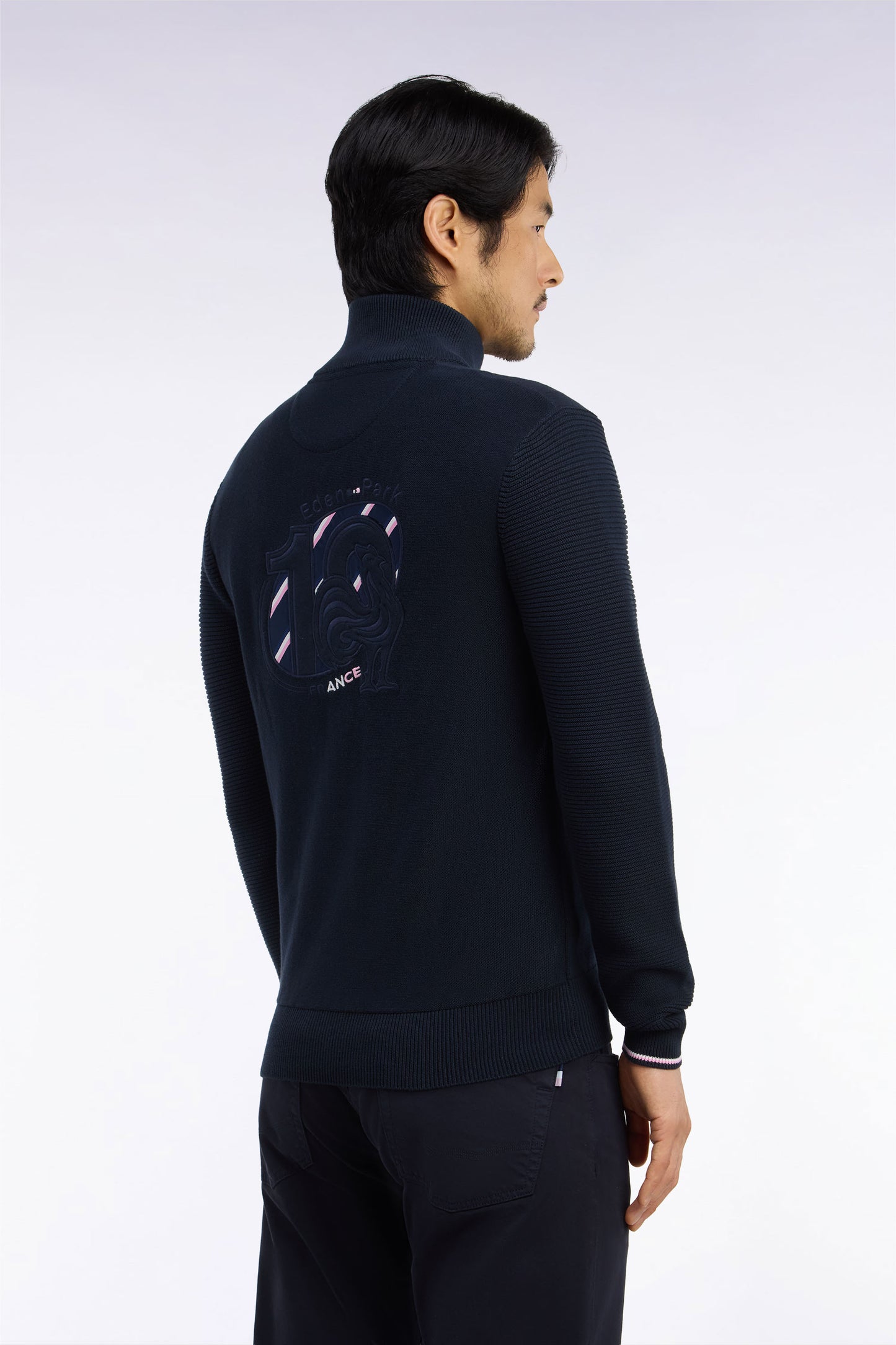 Cardigan XV de France zippé en jersey coton marine brodé coupe droite
