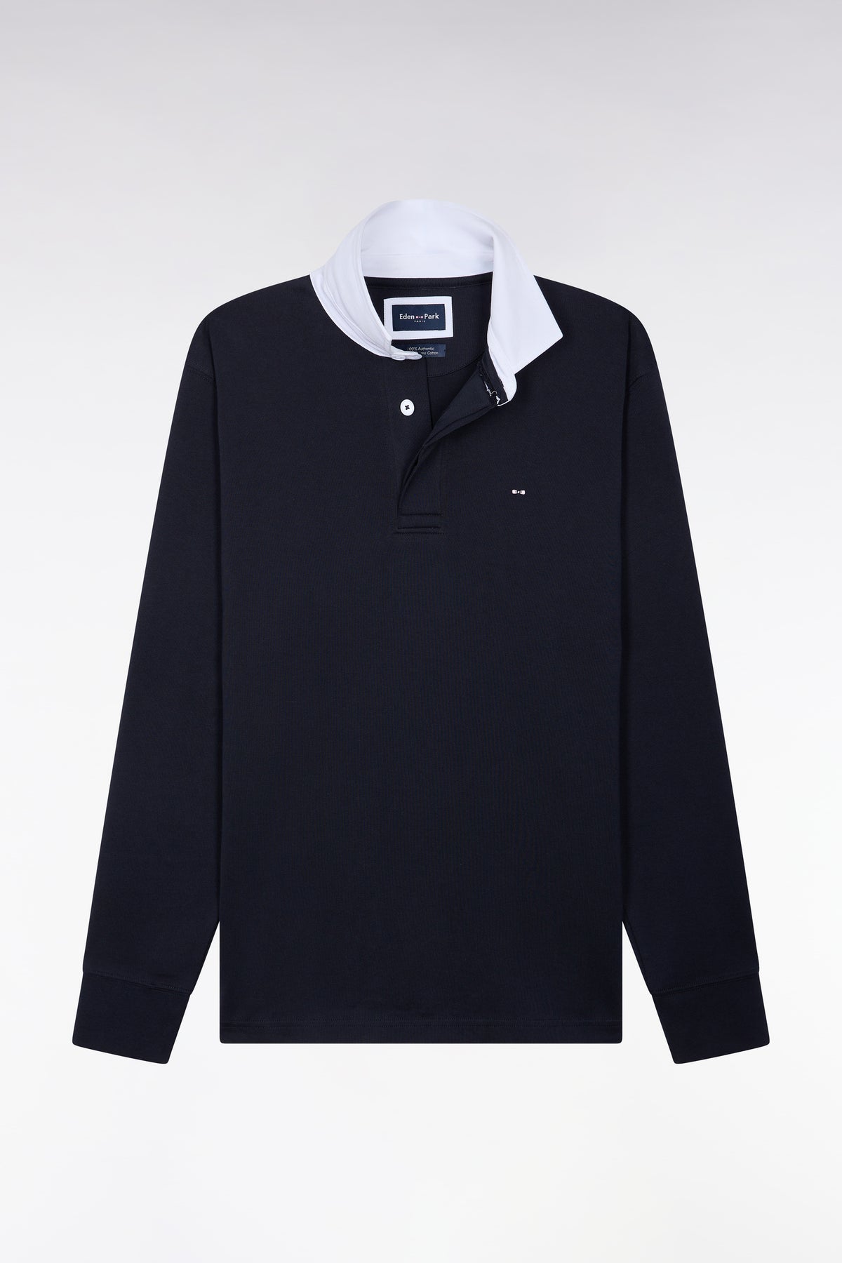 Maillot manches longues en coton Pima marine à col blanc coupe droite