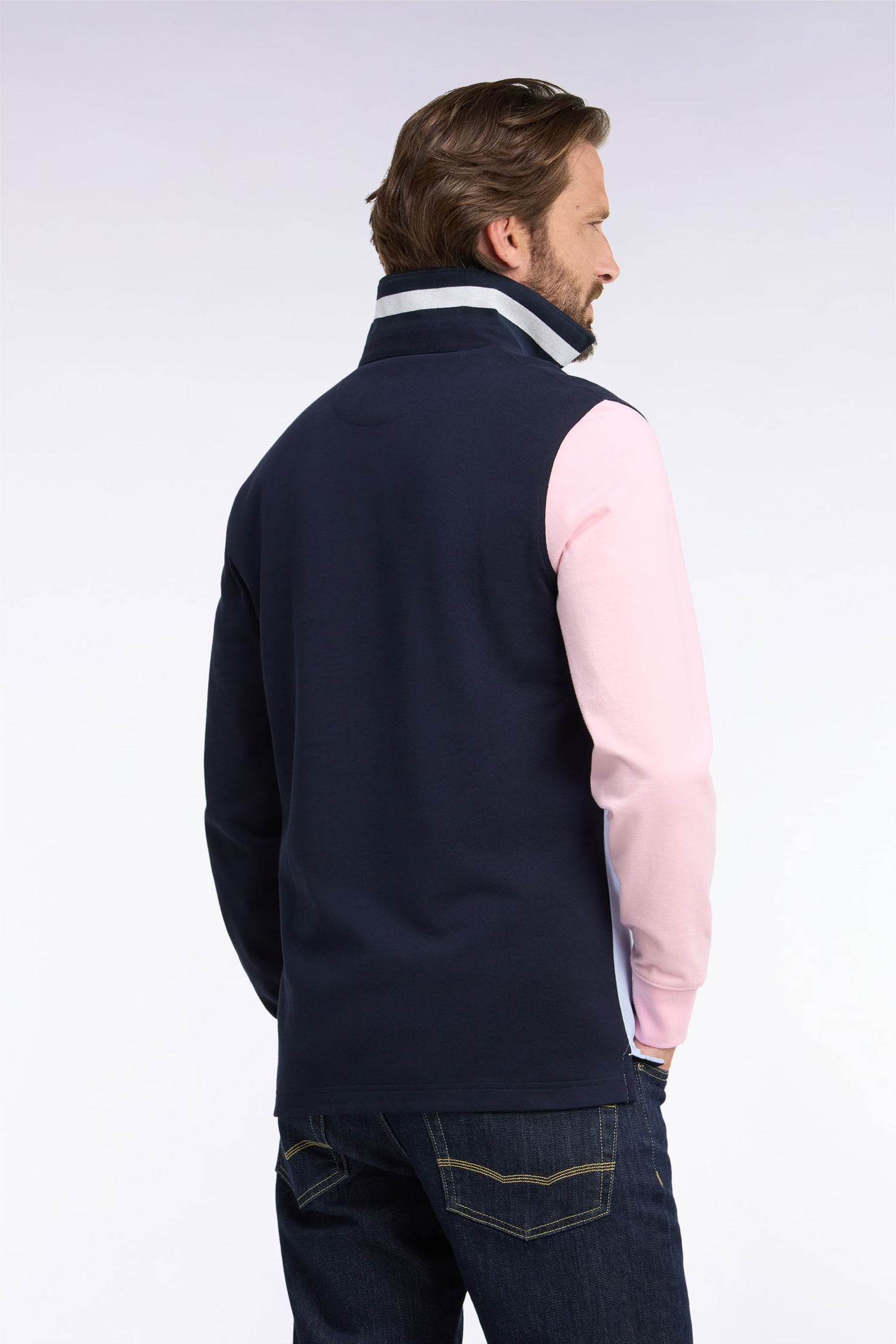 Maillot manches longues coupé cousu en jersey de coton marine brodé