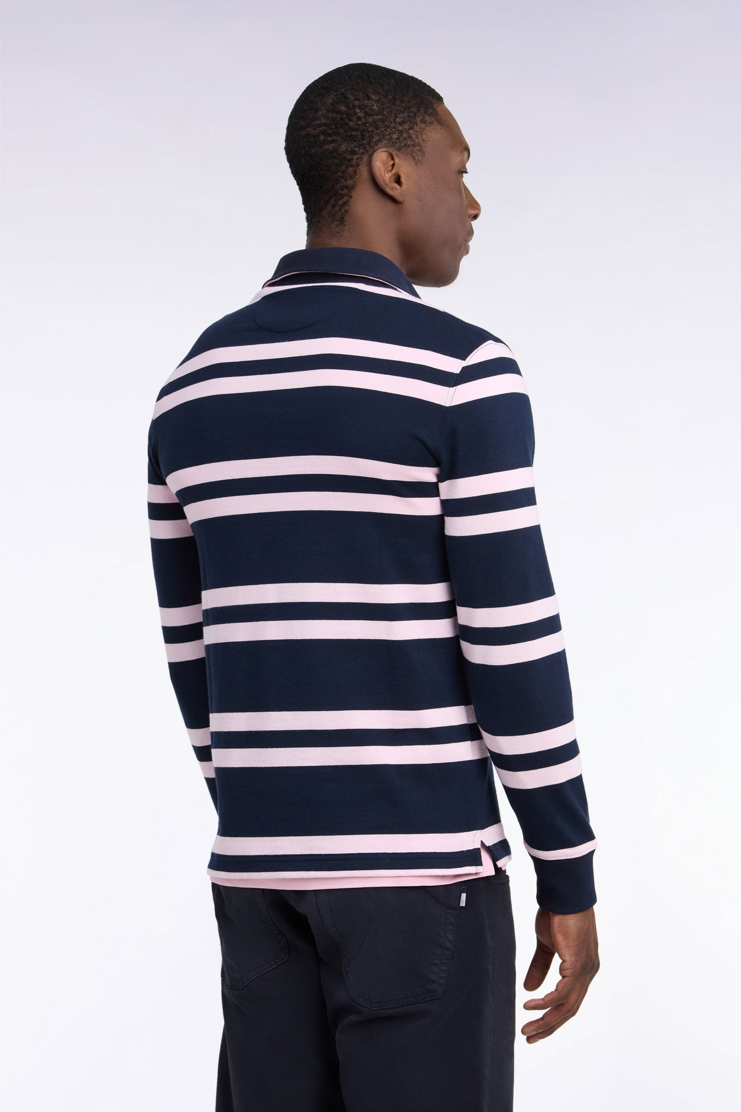 Maillot manches longues en jersey coton marine à rayures roses coupe regular