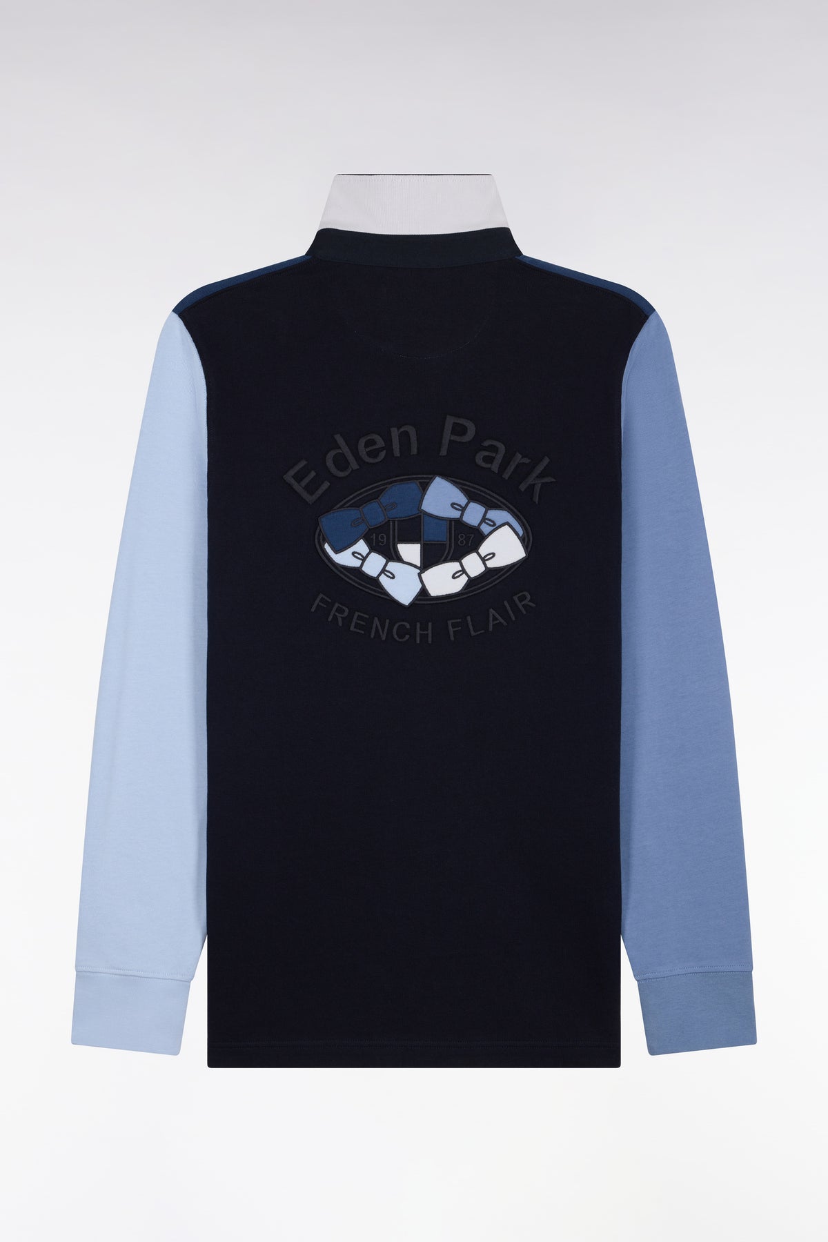 Long-sleeved jersey in navy tricolor embroidered cotton jersey, straight cut