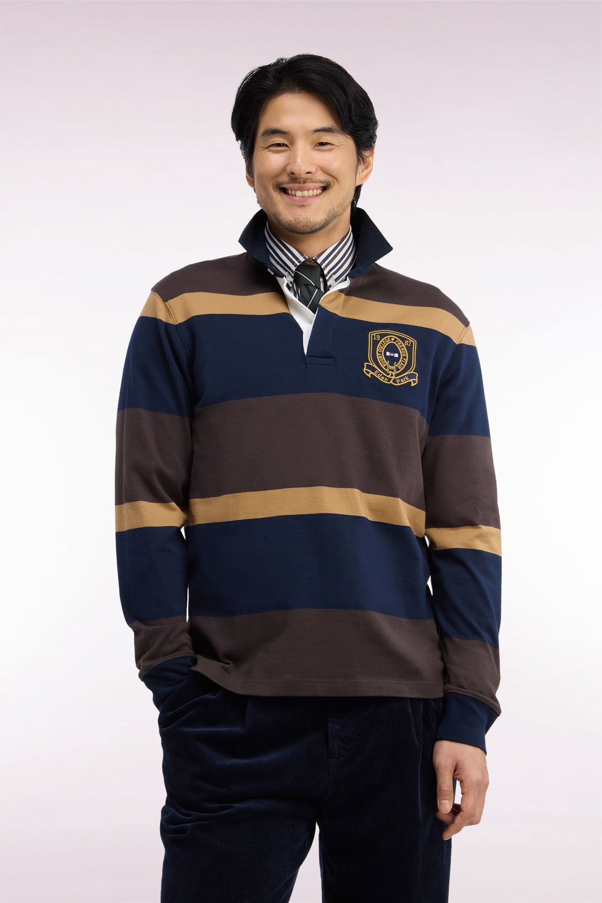 Brown striped long-sleeved jersey with badge embroidery