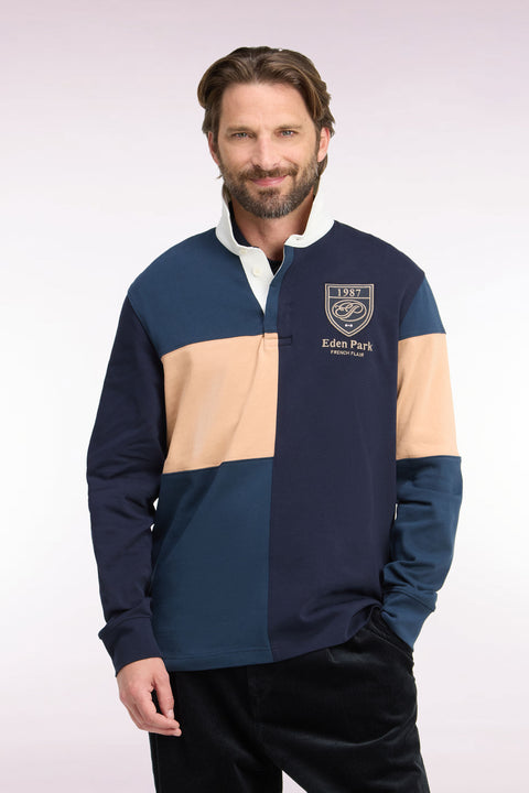 Maillot manches longues en jersey de coton peigné tricolore bleu gris coupe droite - Image 3
