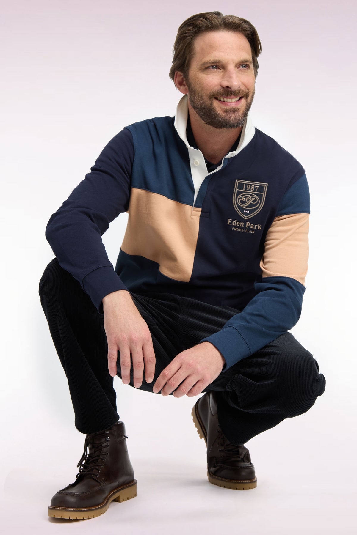 Long-sleeved jersey in tricolor combed cotton jersey, blue gray, straight cut
