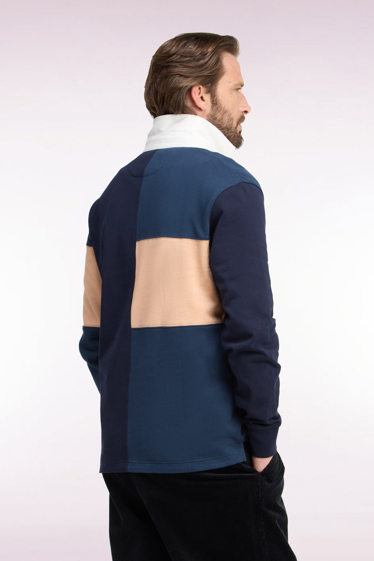 Long-sleeved jersey in tricolor combed cotton jersey, blue gray, straight cut