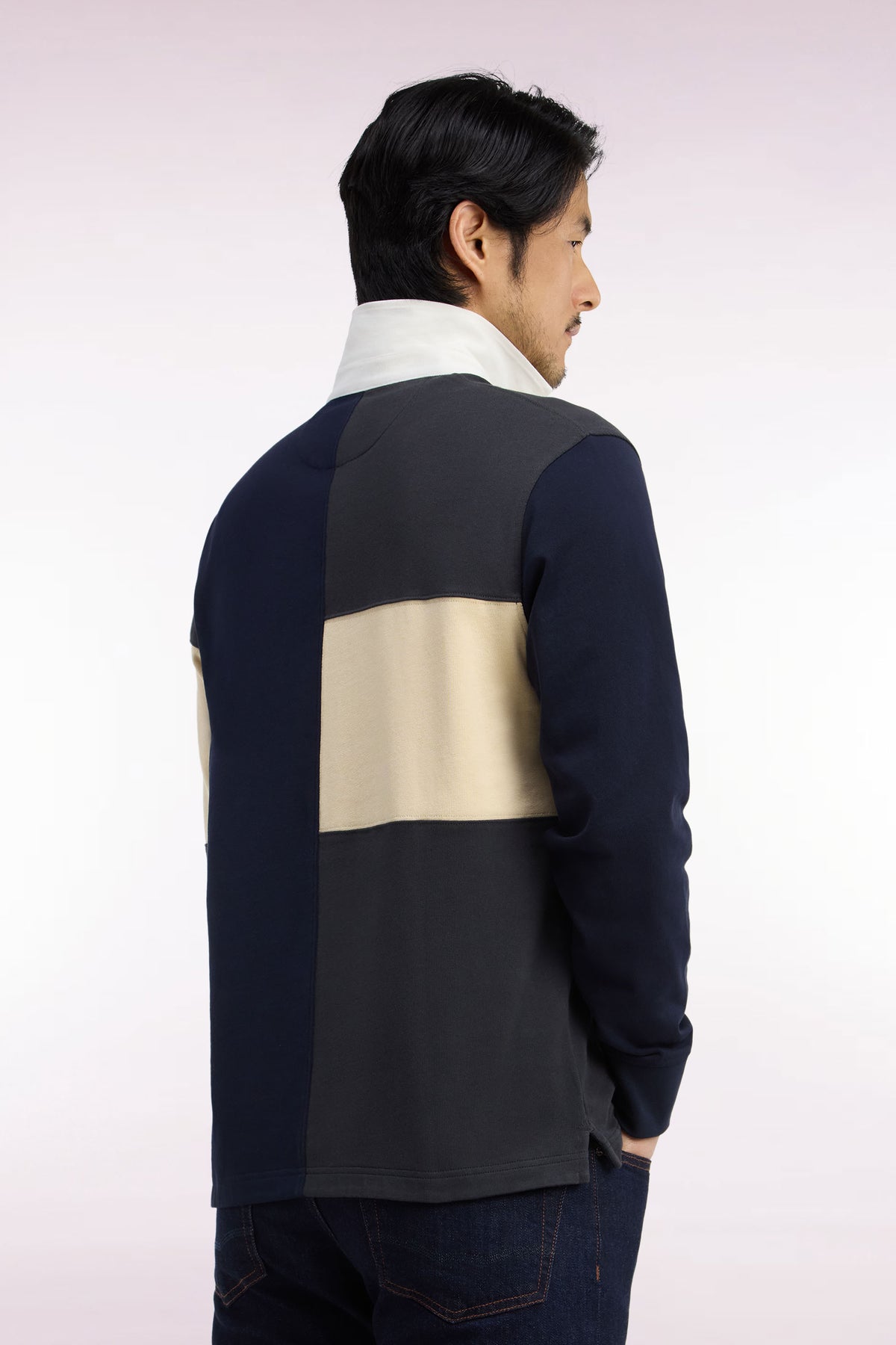 Long-sleeved jersey in gray tricolor combed cotton jersey, straight cut