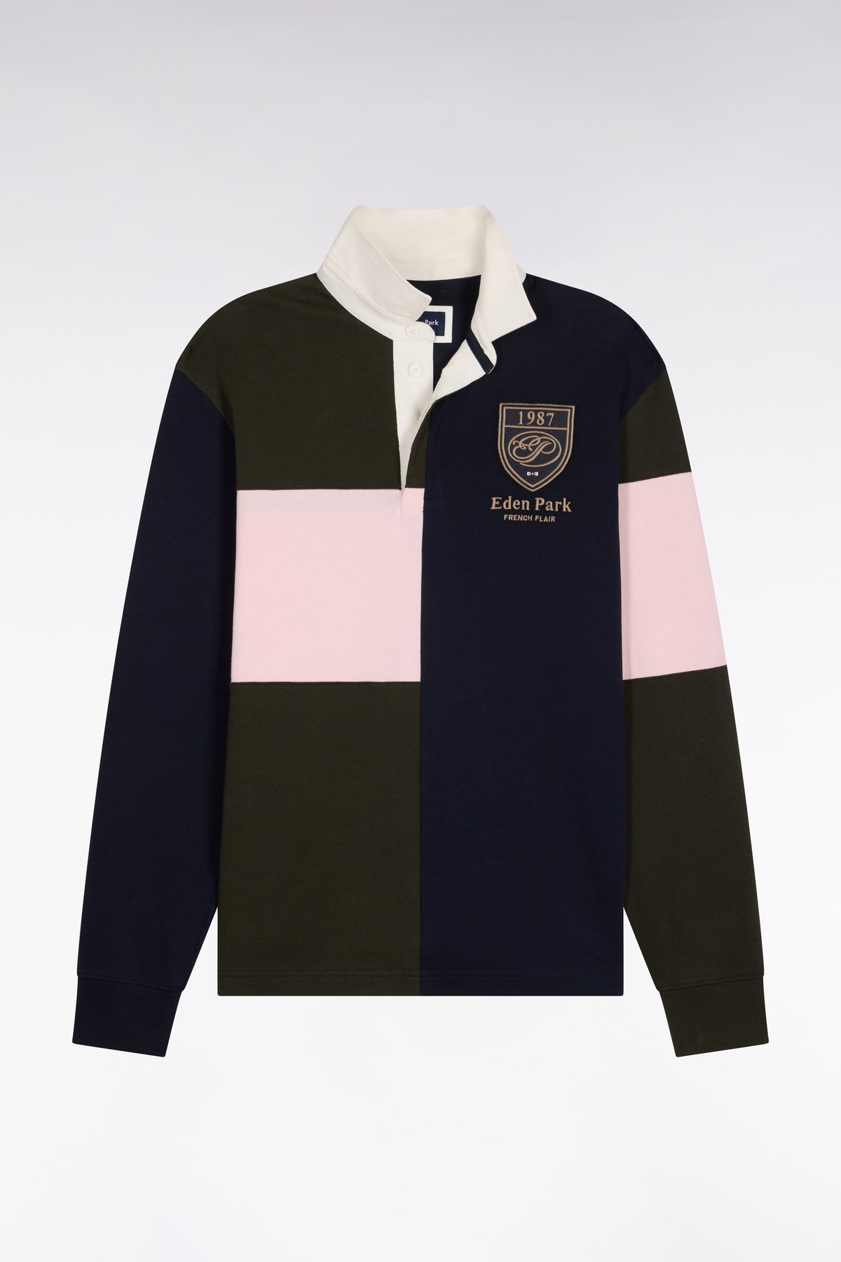 Long-sleeved jersey in straight-cut khaki tricolor combed cotton jersey