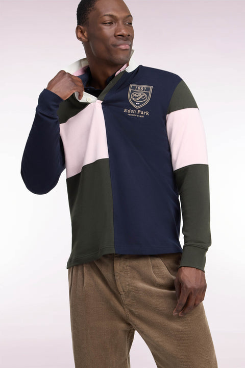 Maillot manches longues en jersey de coton peigné tricolore kaki coupe droite - Image 1