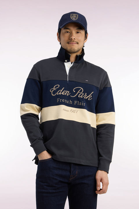 Long-sleeved cut-and-sew jersey in gray tricolor cotton with Héritage embroidery - Image 3