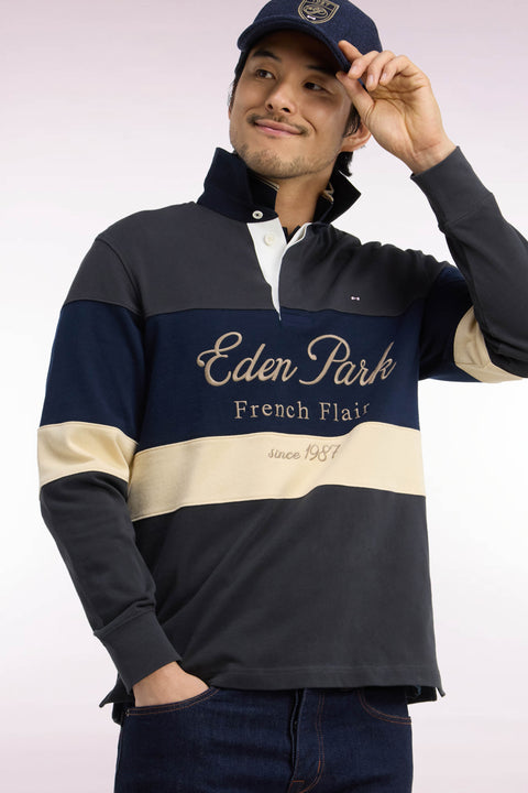 Long-sleeved cut-and-sew jersey in gray tricolor cotton with Héritage embroidery - Image 1