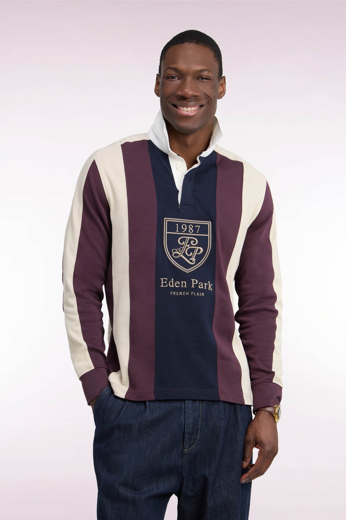 Long-sleeved straight-cut burgundy striped cotton jersey