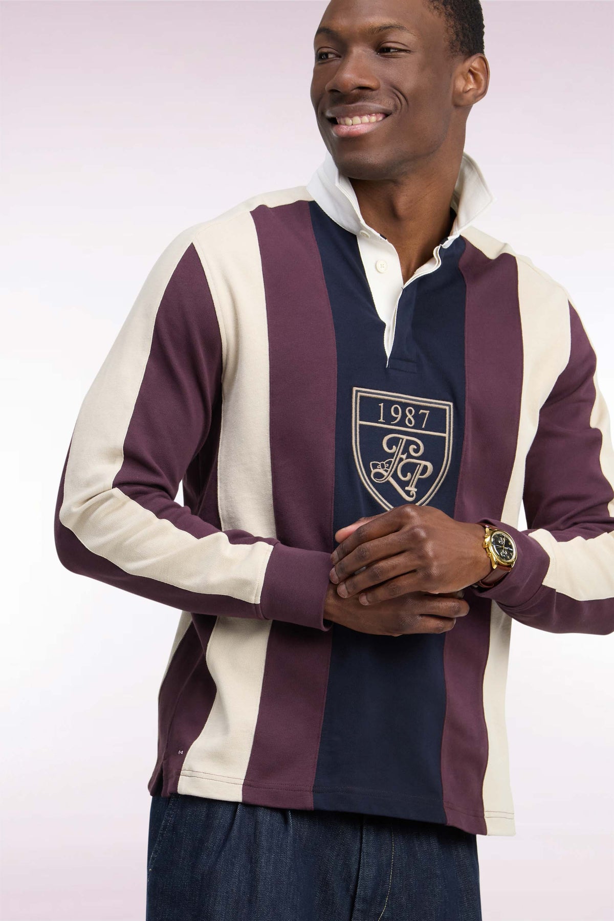 Long-sleeved straight-cut burgundy striped cotton jersey
