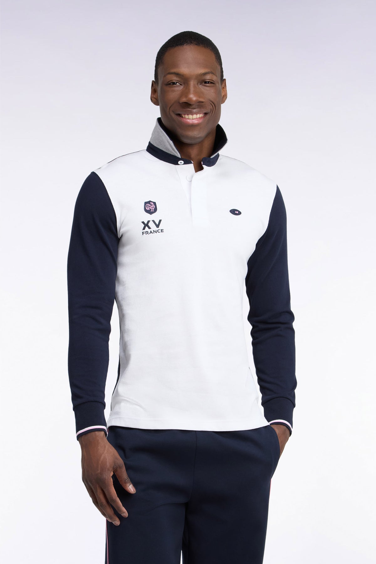 Maillot manches longues en jersey de coton marine et blanc XV de France